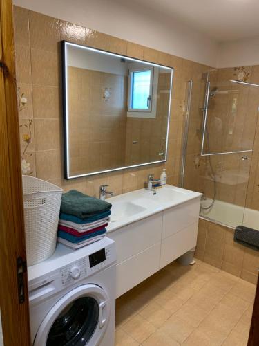 een badkamer met een wasmachine en een wastafel bij maison blanche in Briançon