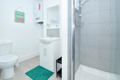 a bathroom with a shower and a toilet and a sink at Townhouse @ 543 London Road Stoke in Trent Vale