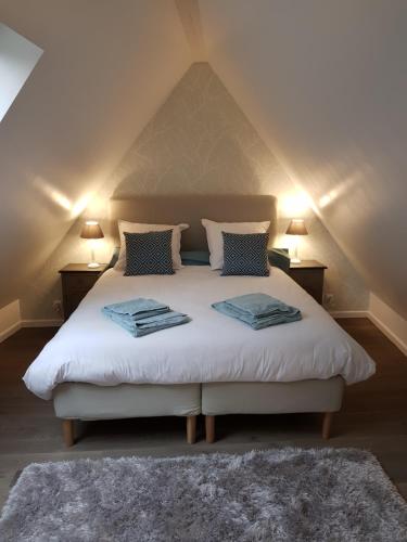 a hotel room with a bed and two lamps at LE NID DE L'ILL, Magnifique Duplex Cosy Petite France in Strasbourg