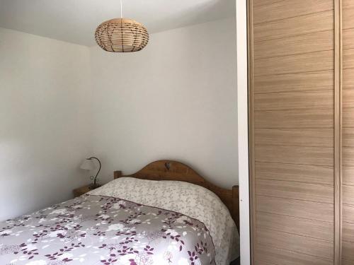 um quarto com uma cama e uma luz pendente em Charmant T2 au centre du Queyras! em Ville-Vieille