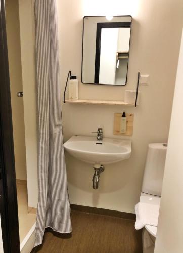 a bathroom with a sink and a mirror at Hotell Åre Fjällsätra in Undersåker
