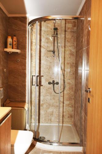 a bathroom with a shower with a glass door at Kavala Port Apartments in Kavála