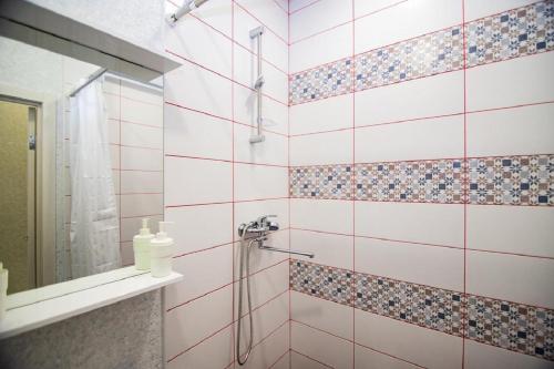 バルナウルにあるСтудия ЦЕНТР города, Красноармейский 96аのピンクのタイル張りの壁のバスルーム(シャワー付)