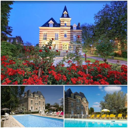 un collage de photos d'un bâtiment avec des fleurs rouges dans l'établissement Cosy appartement dans une villa avec piscine, proche du centre et de la mer, à Cabourg