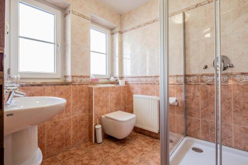 a bathroom with a toilet and a sink and a shower at Landgasthof Moser & Restaurant Bootshaus in Windorf
