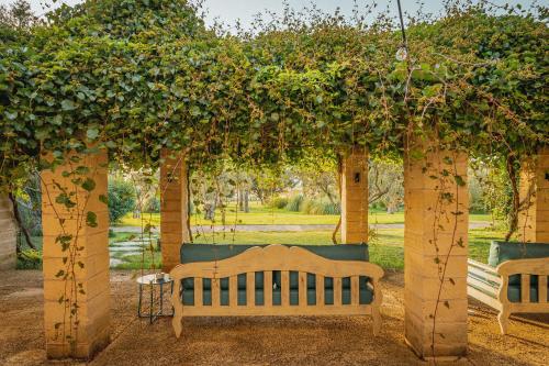 two benches sitting under a pergola with trees at Hotel Sa Franquesa Nova in Vilafranca de Bonany