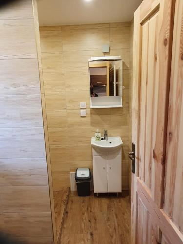 a bathroom with a sink and a mirror at Apartmány Švec in Terchová