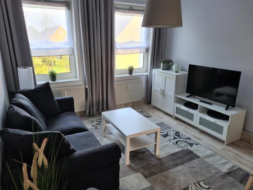 ein Wohnzimmer mit einem TV, einem Sofa und einem Tisch in der Unterkunft Ferienwohnung mit Seeblick in Brandenburg an der Havel