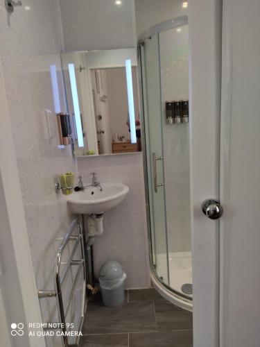 a bathroom with a sink and a shower at THE TREVONE, Llandudno in Llandudno