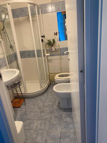 a bathroom with a toilet and a shower and a sink at Appartamentino Celeste in Porto Recanati