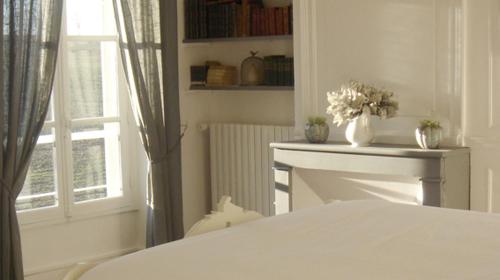 een witte kamer met een open haard en een raam bij Gîte du Domaine du Ru in Aulnoy
