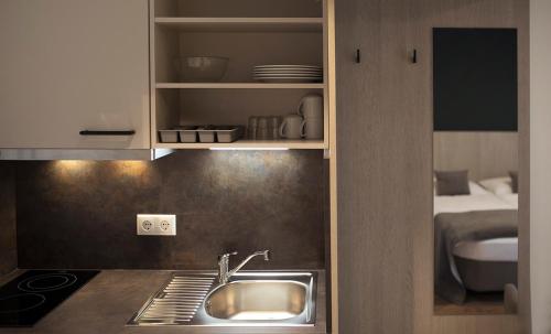 a kitchen with a sink and a counter top at Hotel Das Essigmanngut in Anif