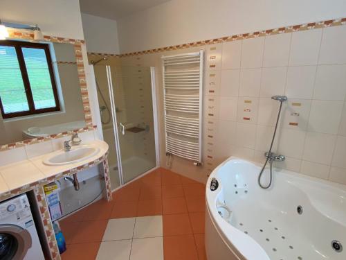 a bathroom with a tub and a sink at Apartmán Pod Drátníkem in Svratka