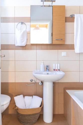 a bathroom with a sink and a toilet and a mirror at Sea Wind Villas and Suites in Tourlos