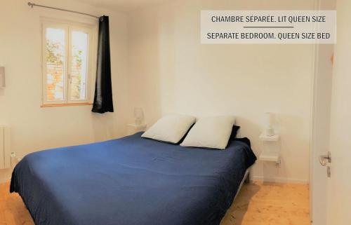een slaapkamer met een bed met 2 kussens erop bij La maisonnette de la Concorde au cœur de Moissac in Moissac