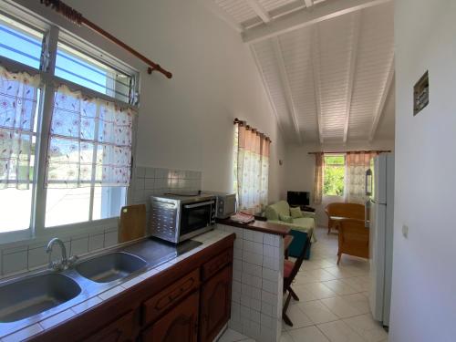 eine Küche mit zwei Waschbecken und einer Mikrowelle in der Unterkunft Résidence la perle in Deshaies