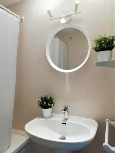 a bathroom sink with a mirror and two potted plants at Trill Mirasol E estudio 1a linea mar in L'Estartit