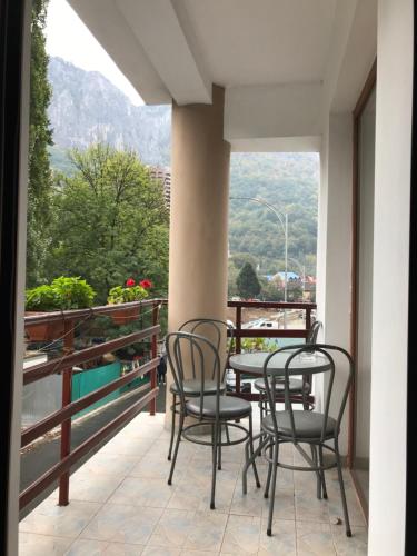 Un patio con sillas y una mesa en el balcón. en Pinul Negru 2, en Băile Herculane
