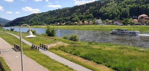a boat traveling down a river next to a park at Hotel Elbpromenade in Bad Schandau