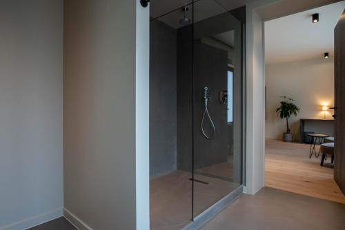 bagno con doccia e porta in vetro di ‘t Ponton a Nieuwpoort