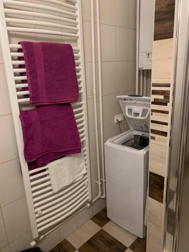a small bathroom with purple towels on a shelf at Város szíve apartman in Kaposvár