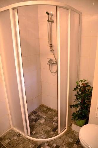 a shower stall in a bathroom with a toilet at Anna's guesthouse in Rīga