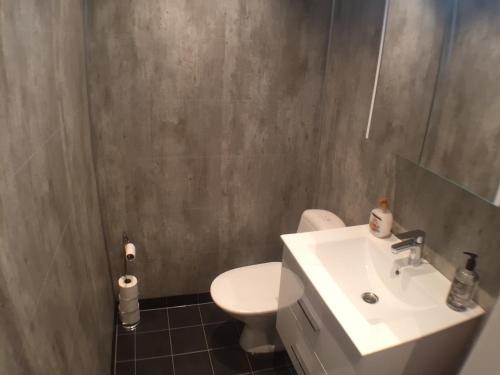 y baño con lavabo blanco y aseo. en Dubbelrum med extrasäng på markplan i lugnt villaområde, en Malmö