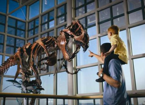 a man holding a child on top of a dinosaur skeleton at Holiday Inn Rock Springs by IHG in Rock Springs