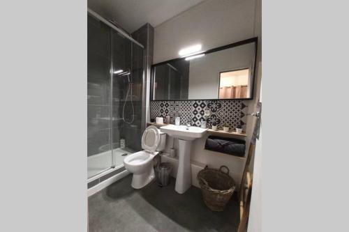 a bathroom with a sink and a toilet and a mirror at Un petit paradis pour se détendre et se ressourcer in Montrichard