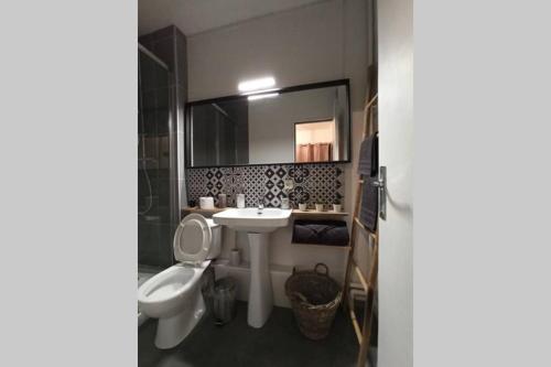 a bathroom with a sink and a toilet and a mirror at Un petit paradis pour se détendre et se ressourcer in Montrichard