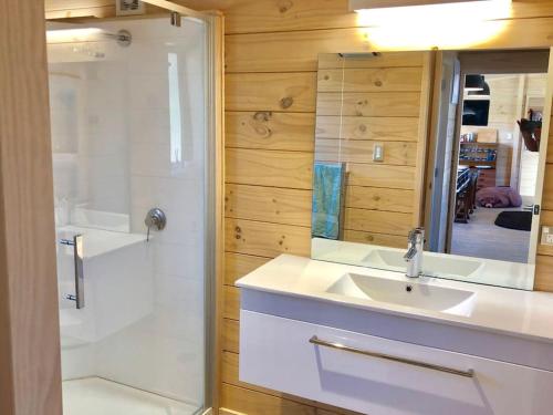 a bathroom with a sink and a shower with a mirror at Modern Kowhai Cottage in Wanaka