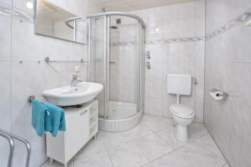 a bathroom with a shower sink and a toilet at Bergglück-Steibis-Terasse in Oberstaufen