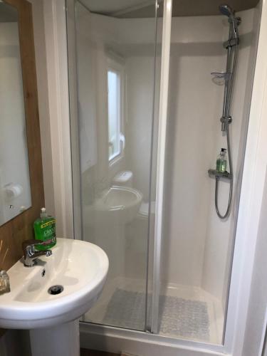 a bathroom with a shower and a sink at Whitley bay 4 berth Luxury Caravan in Newcastle upon Tyne