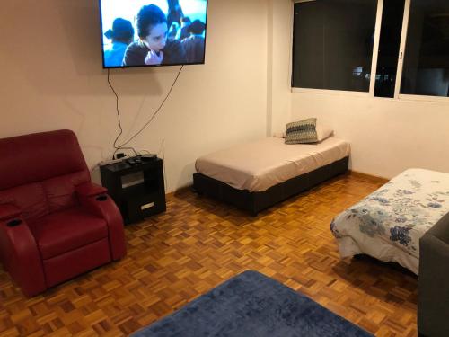 a room with a bed and a chair and a tv at Caravansaro Vazquez de Mella 347 Polanco in Mexico City