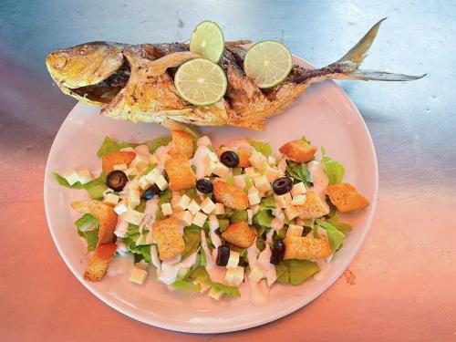 a plate of food with a fish and a salad at Aqui hoy cabañas in Bocas del Toro