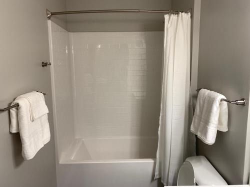 a white bathroom with a shower and a toilet at Sleepover Premier Downtown Des Moines Apartments in Des Moines