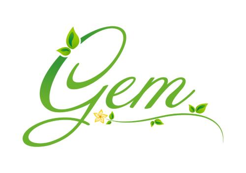 a sign for the word gem with leaves and flowers at Gem bed and breakfast in Christchurch