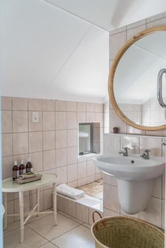 a bathroom with a sink and a mirror at Anchorage River House in Stilbaai