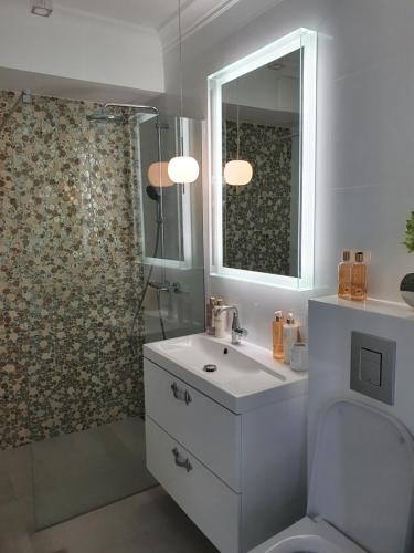 a bathroom with a toilet and a sink and a shower at Apartament Prestige & Sea Balticus A4 in Międzyzdroje