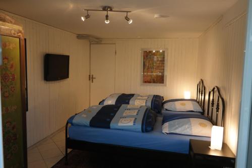 Un dormitorio con una cama azul con almohadas. en FeWo Sommerhalde en Althütte