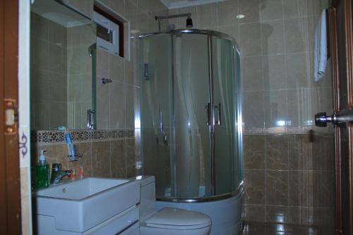 a bathroom with a shower and a toilet and a sink at Хотел Хесон in Khujand