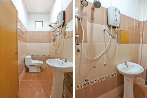 two pictures of a bathroom with a shower and a sink at OYO 89933 Nun Hotel in Jeli