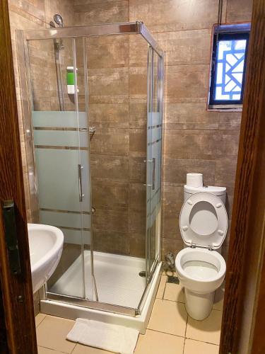 a bathroom with a shower and a toilet and a sink at Sinclair Guest House in Abuja