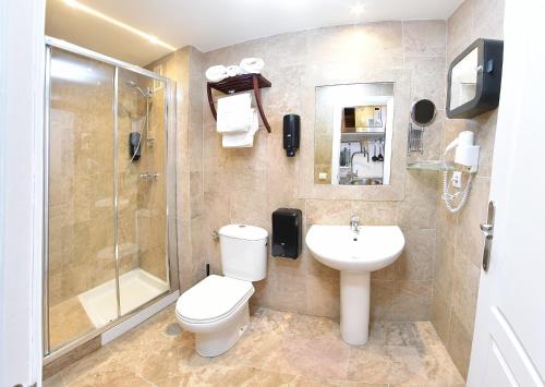 ein Bad mit einem WC, einer Dusche und einem Waschbecken in der Unterkunft Zenplaya Bajo 3 in Torremolinos
