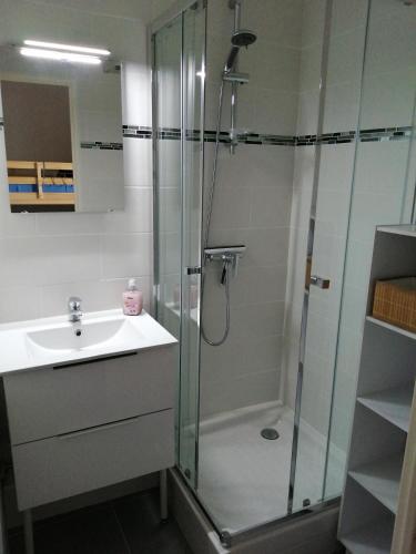 une salle de bain avec douche et lavabo dans l'établissement Résidence Les Capitelles à Saint Cyprien avec accès direct plage- Balcon donnant Splendide vue Mer et Piscine, à Saint-Cyprien