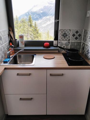 une cuisine avec un évier et une fenêtre dans l'établissement Studio fonctionnel 16m2 avec vue panoramique, à Puy-Saint-Vincent