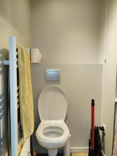 une salle de bain avec des toilettes blanches dans une chambre dans l'établissement Studio fonctionnel 16m2 avec vue panoramique, à Puy-Saint-Vincent