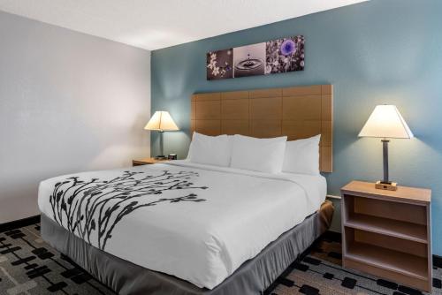 a hotel room with a large bed and two lamps at Sleep Inn Terre Haute University Area in Terre Haute