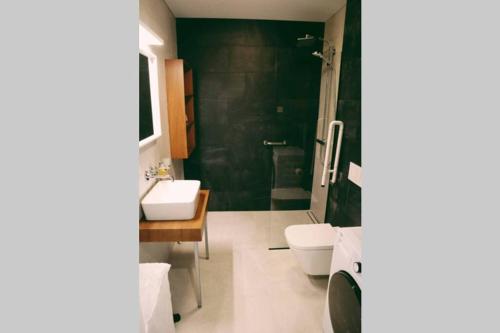 een badkamer met een toilet, een wastafel en een douche bij New Apartment Next to Kaunas Castle in Kaunas