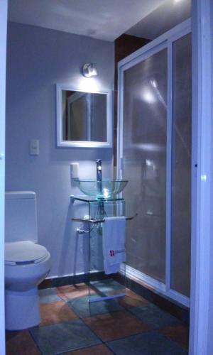 a bathroom with a shower and a toilet and a sink at Hotel Florencia Poza Rica in Poza Rica de Hidalgo